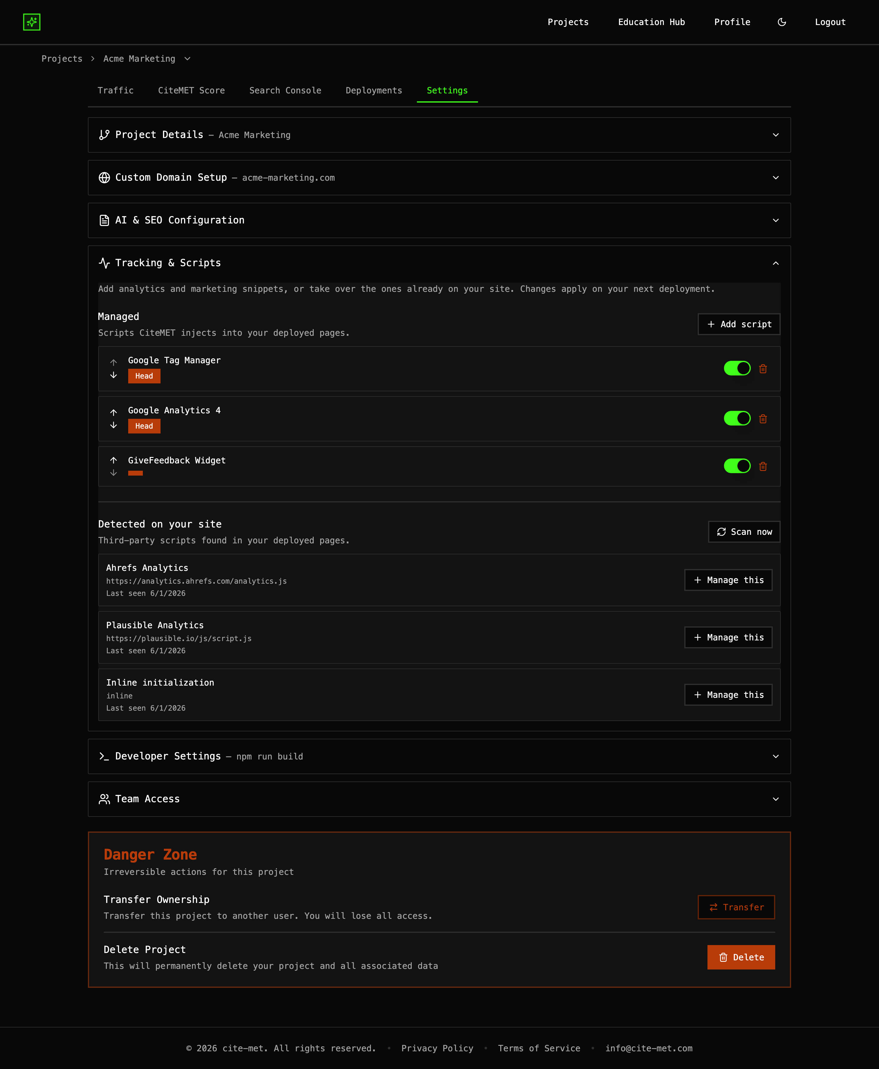 Script Manager listing third-party tags with enable and remove controls