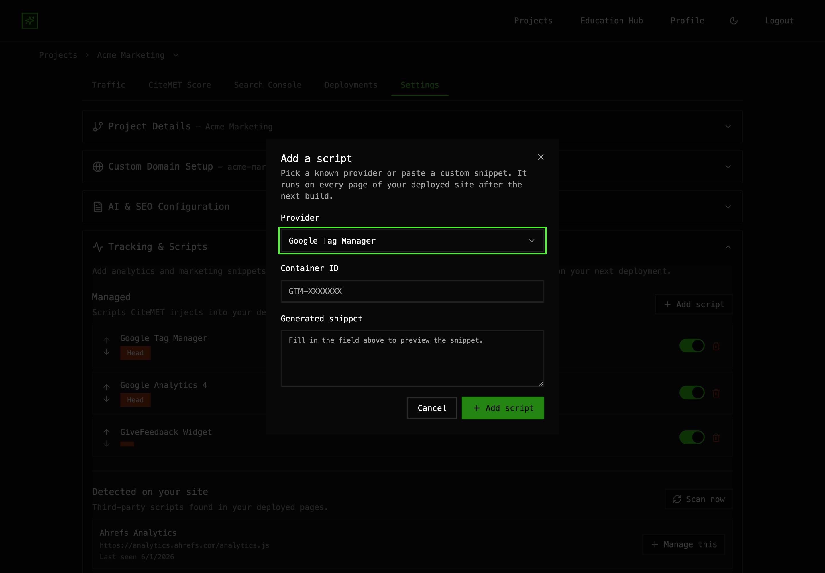 Add-script dialog for placing a new tag without redeploying
