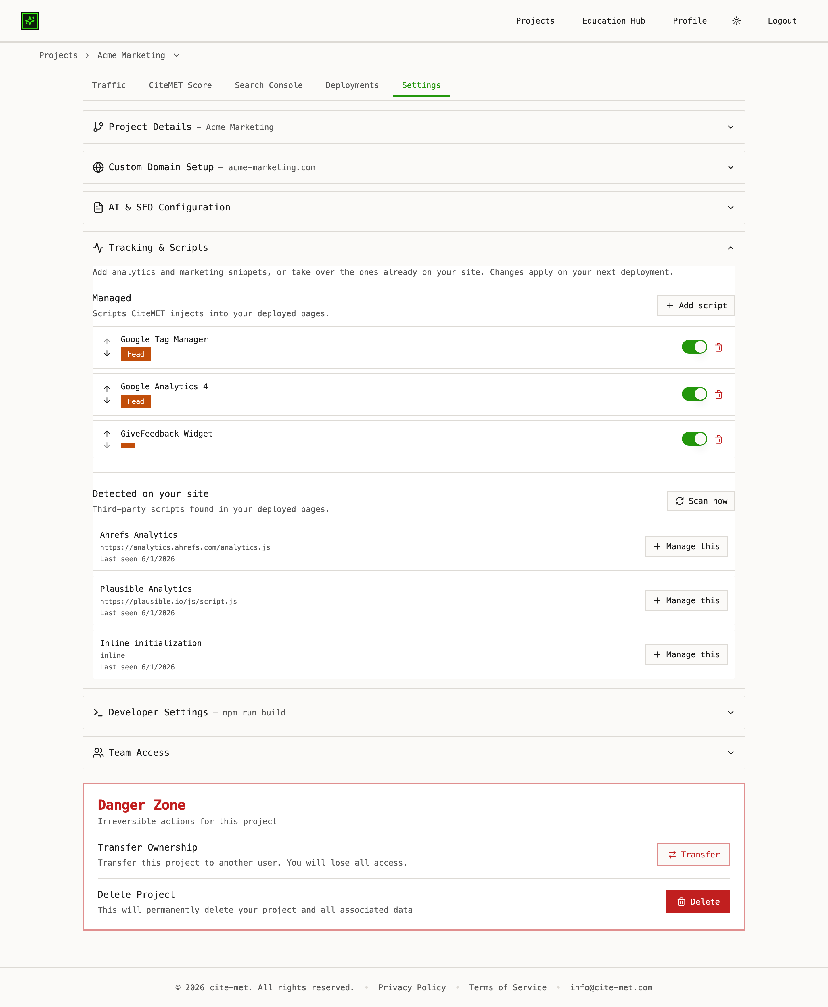 Script Manager listing third-party tags with enable and remove controls