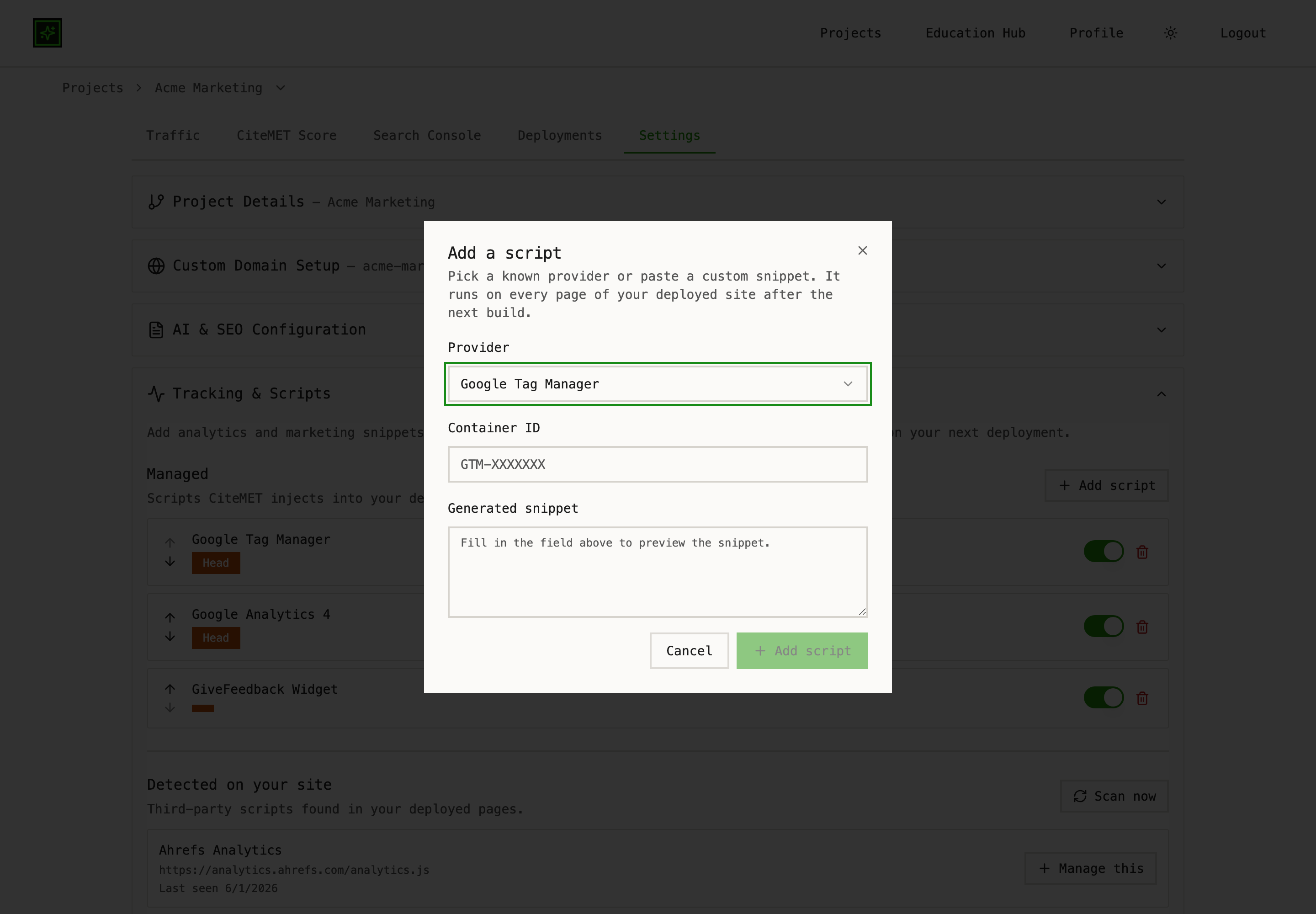 Add-script dialog for placing a new tag without redeploying