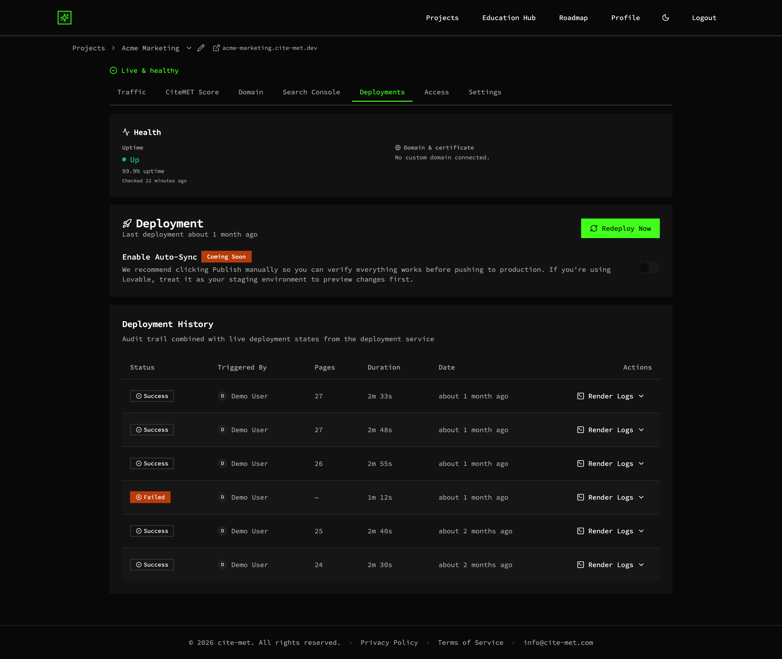 Deployment history with build status, timestamps, and commit SHAs