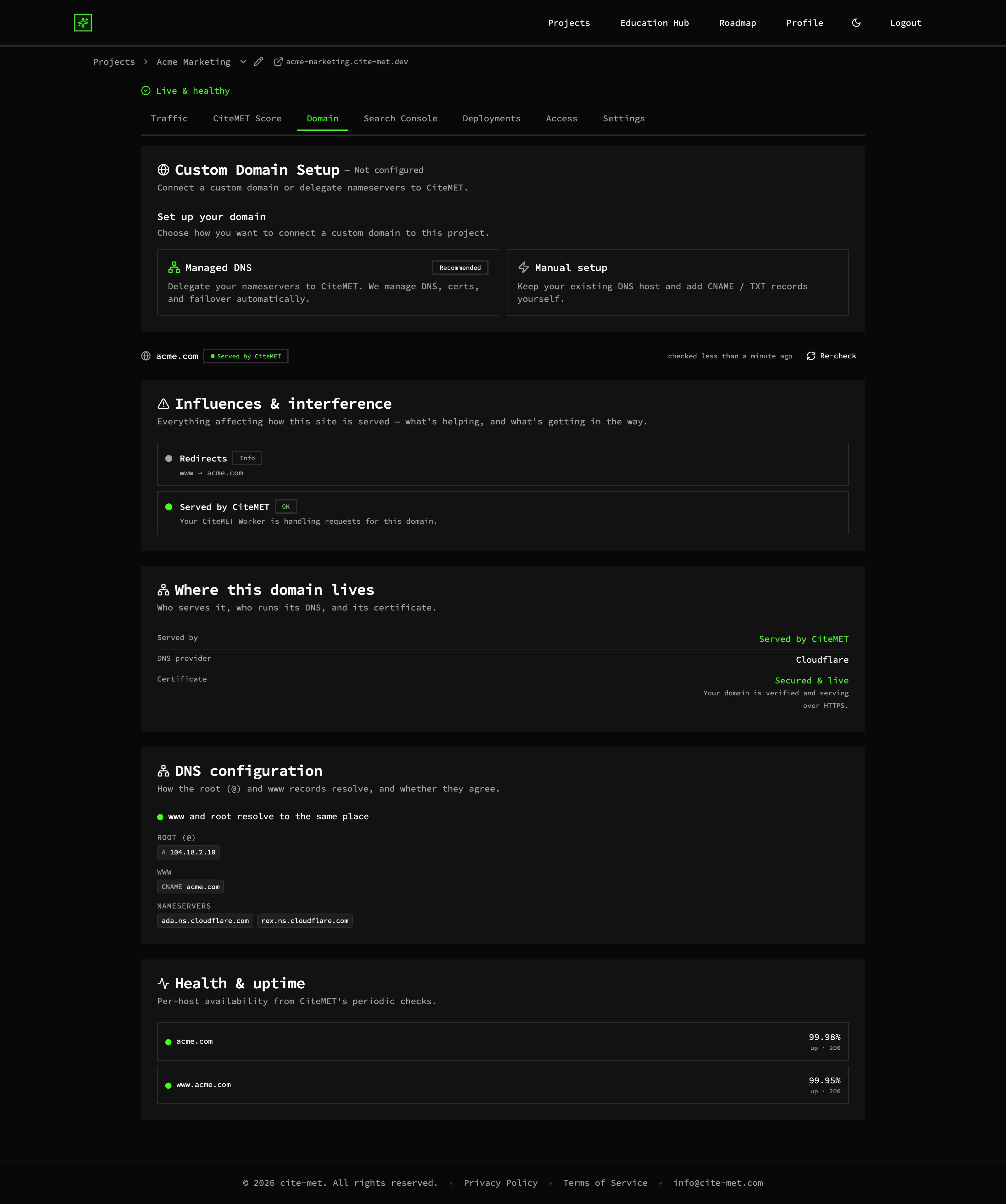 Domain setup screen with managed DNS and email safety rails