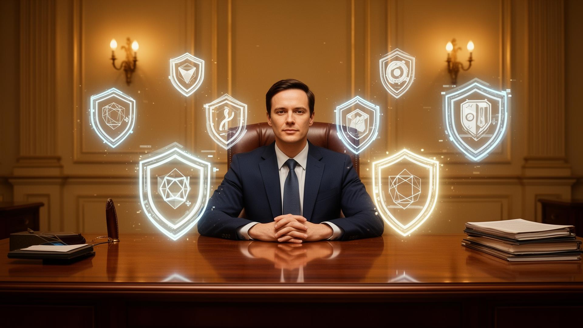 A writer at a desk with digital trust signals and credential badges radiating outward — representing authorship in the AI era