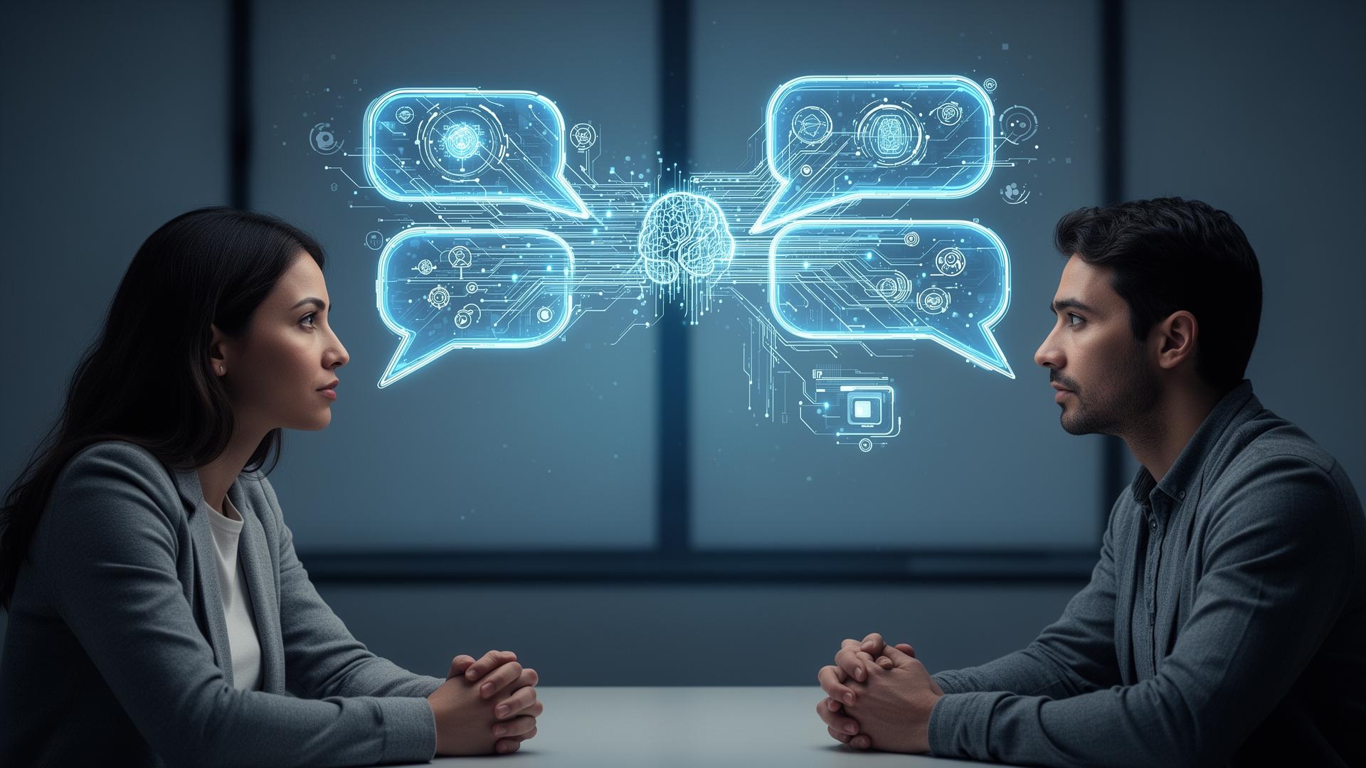 Two people having a conversation with digital speech bubbles transforming into AI data streams