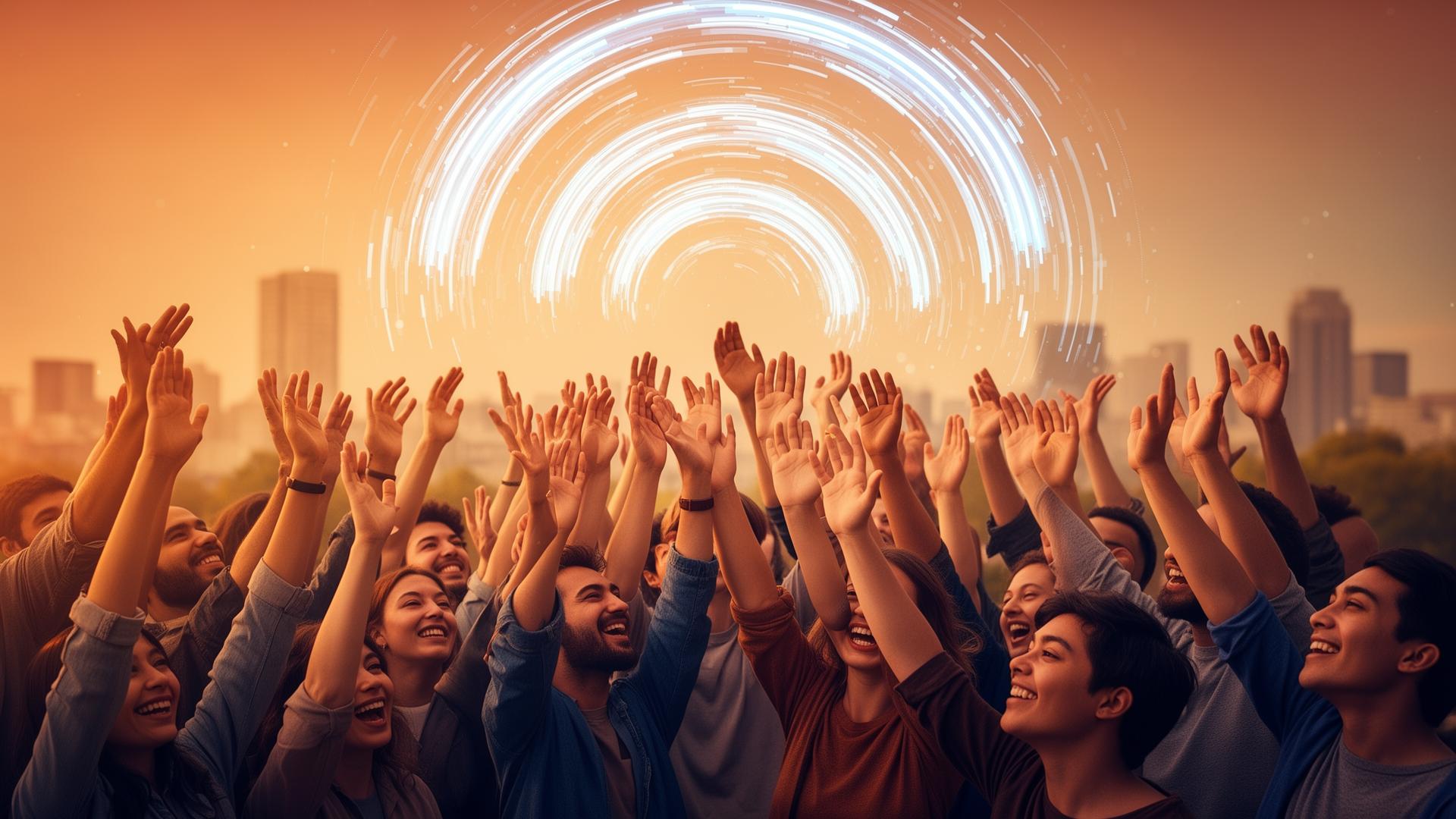 A diverse crowd of people raising hands with digital signal waves emanating upward — representing community-driven authority