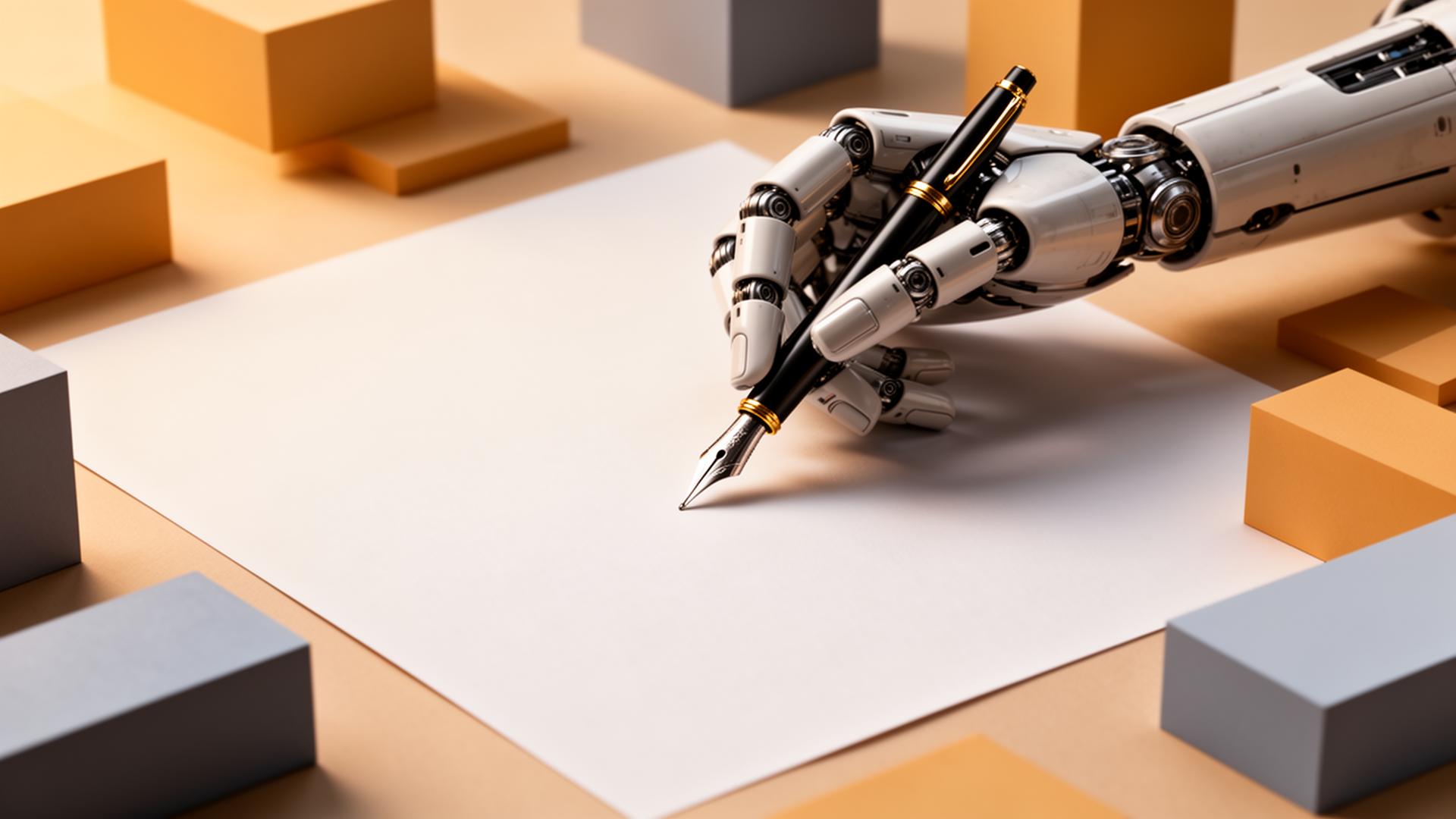 Robotic hand writing content on paper — representing writing optimized for AI consumption