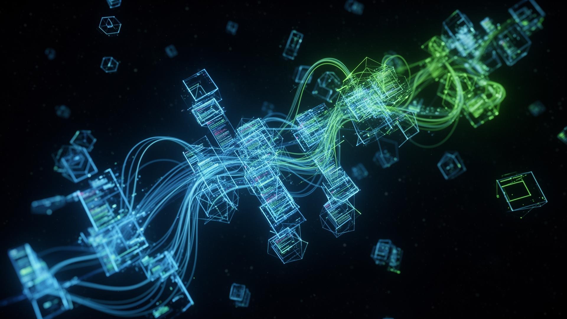 Structured data and JSON-LD code floating in dark space with connected nodes glowing in neon blue