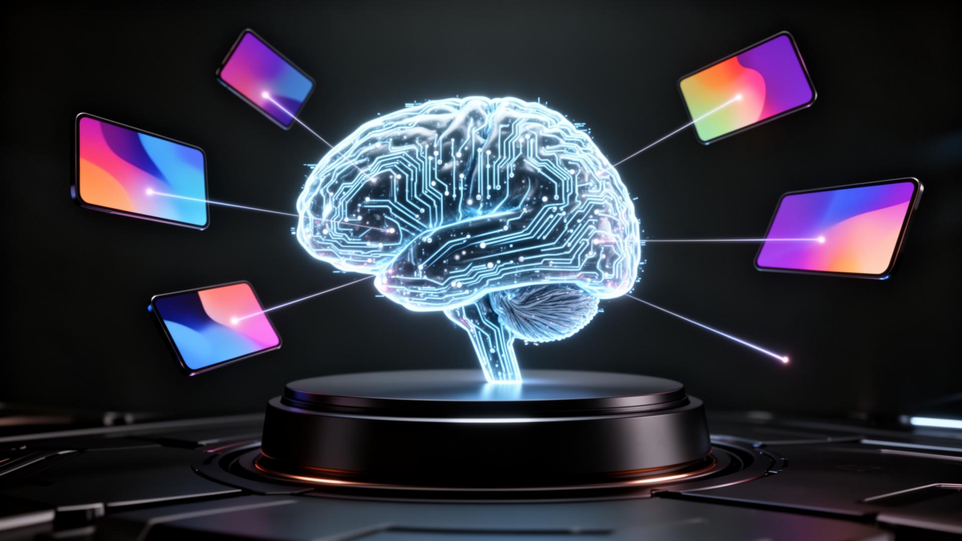 A futuristic AI search engine interface showing cited sources and answer cards