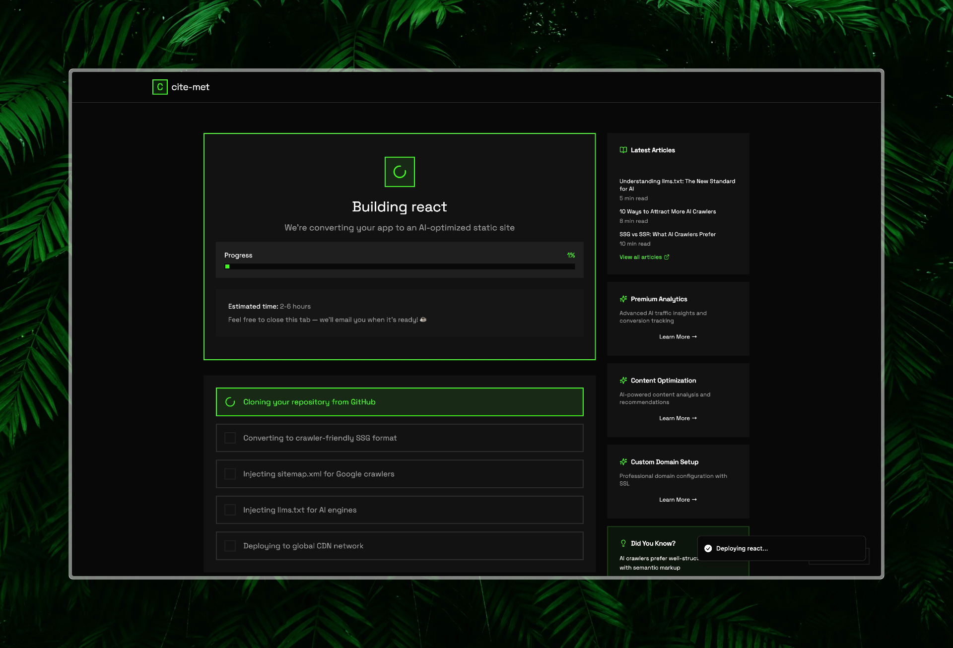 Automated deployment dashboard showing successful generation of llms.txt, sitemap.xml, and robots.txt files with green checkmarks