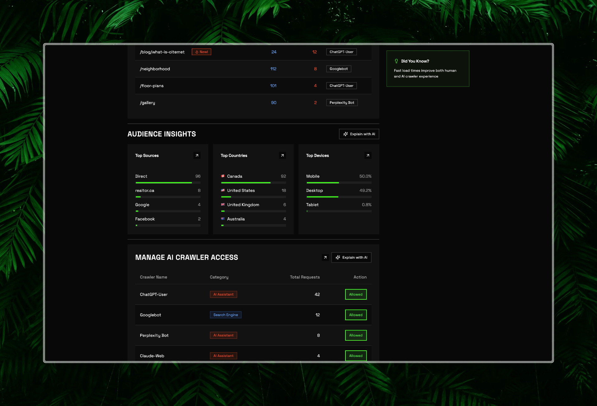 Crawler management interface showing table of AI bots with names, categories, request counts, and allow/block toggle controls