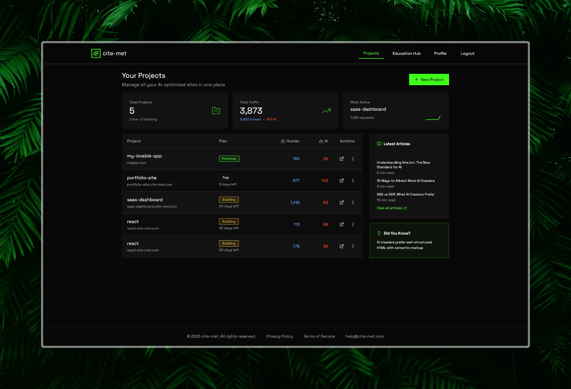 Multi-project dashboard showing table of sites with plan types, human visitor counts, AI crawler counts, and deployment status indicators