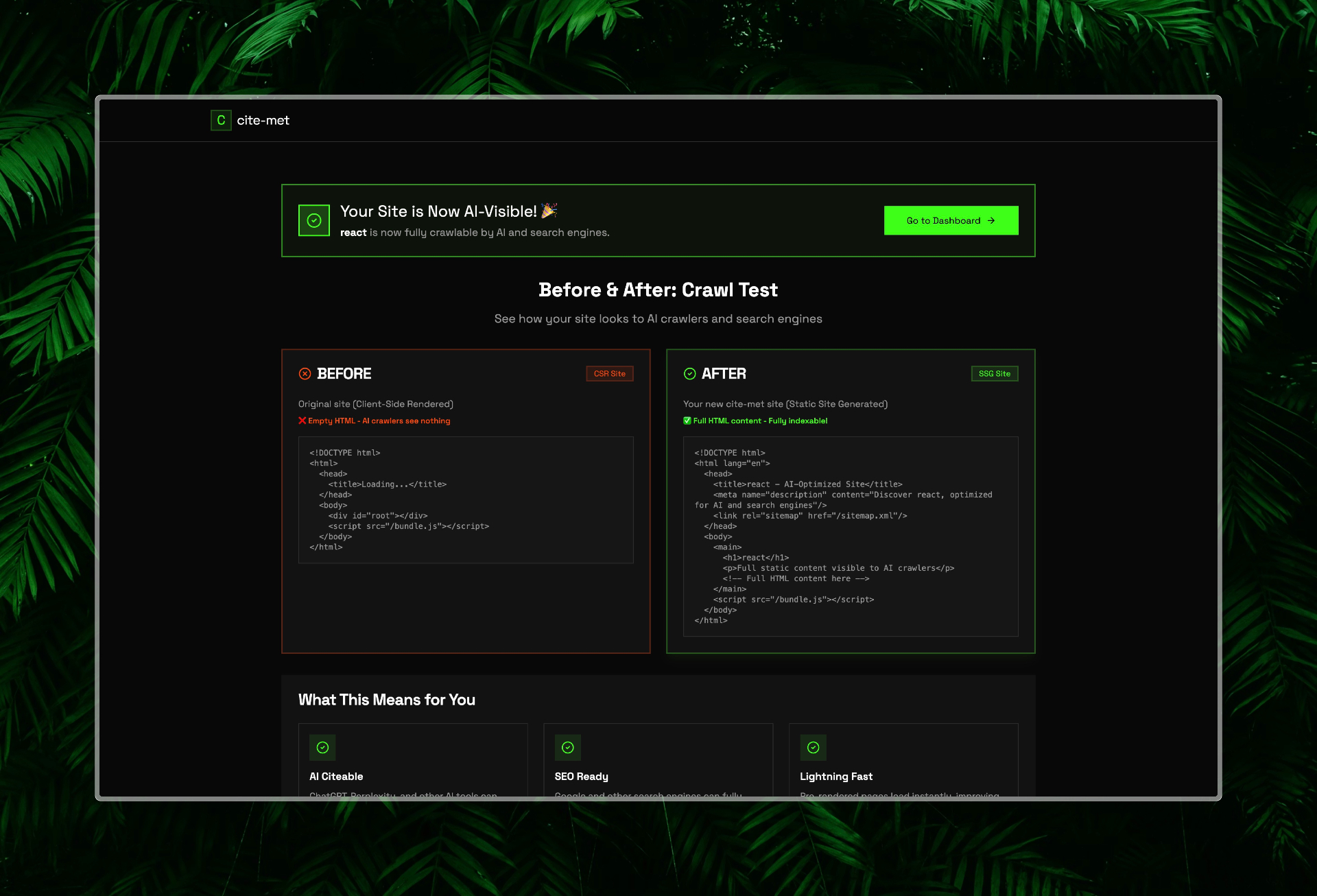 Before and After comparison showing CSR site with blank HTML versus SSG site with pre-rendered content visible to crawlers