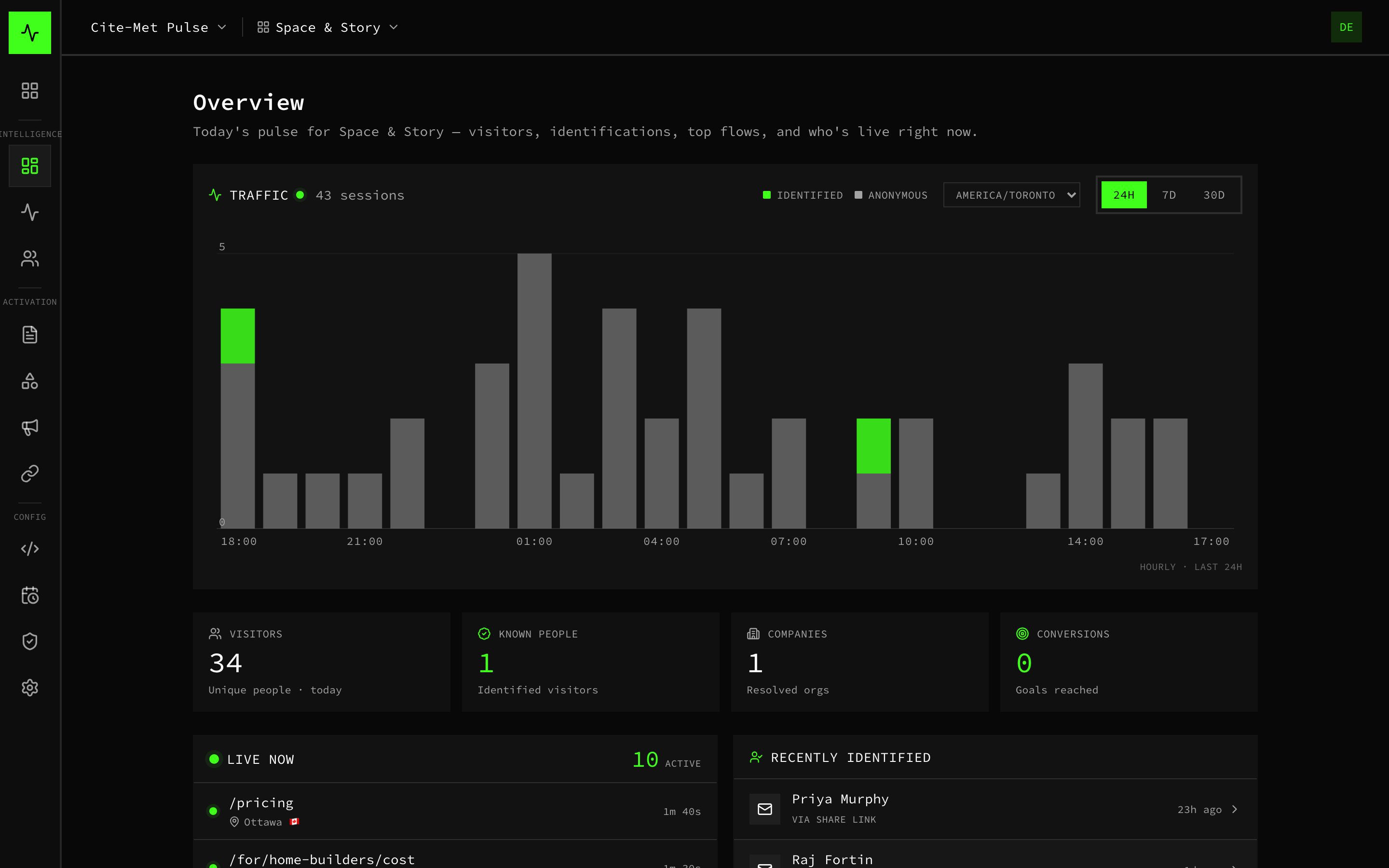 Overview dashboard showing traffic trend, who is live on the site now, and a feed of recently identified visitors